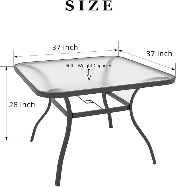 Outdoor Patio Set, 37" Square Glass Dining Table and 4pcs Stackable Chairs, All-Weather Patio Furniture Set with 1.7" Umbrella Hole for Garden Backyard Lawn Poolside