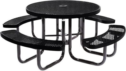 COATEDOUTDOORFURNITURE Heavy-Duty Portable Outdoor Picnic Table with Umbrella Hole, Expanded Metal Commercial-Grade Patio Dining Furniture Made in America (46" Round Top, Black)