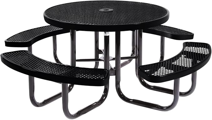 COATEDOUTDOORFURNITURE Heavy-Duty Portable Outdoor Picnic Table with Umbrella Hole, Expanded Metal Commercial-Grade Patio Dining Furniture Made in America (46" Round Top, Black)