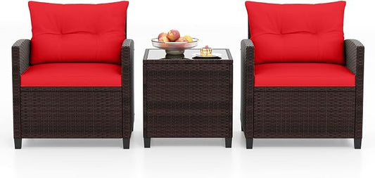 3-Pieces Patio Furniture Set, PE Wicker Chairs Sofa Set with Removable Cushions & Glass Top Side Table, Outdoor Wicker Rattan Conversation Chair for Porch,Backyard, Balcony (Red)