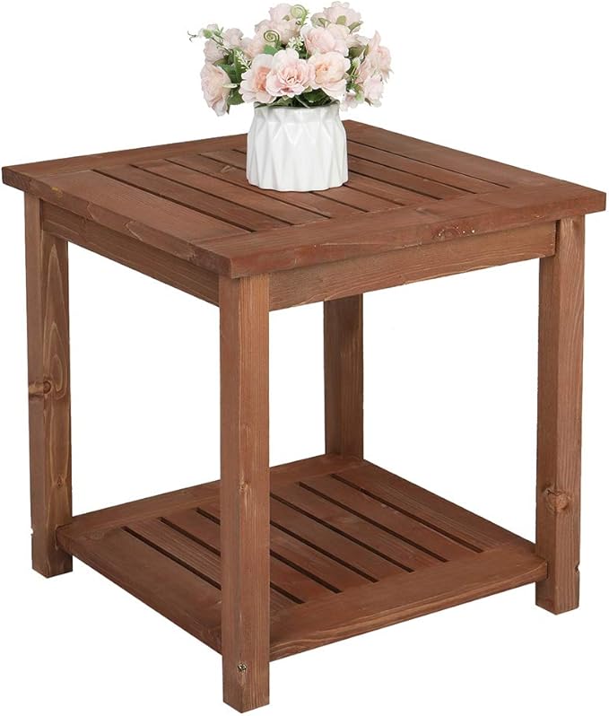 Outdoor Side Table, Carbonized Color Wood 18 inch Poolside Patio Table, Square Coffee Table with Storage Tier for Patio Porch Lawn