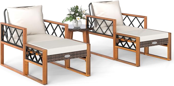 Tangkula 5 Pieces Patio Furniture Conversation Set, Outdoor Rattan Acacia Wood Cushioned Chairs with Ottomans, 2-Tier Side Table, for Porch, Balcony and Garden
