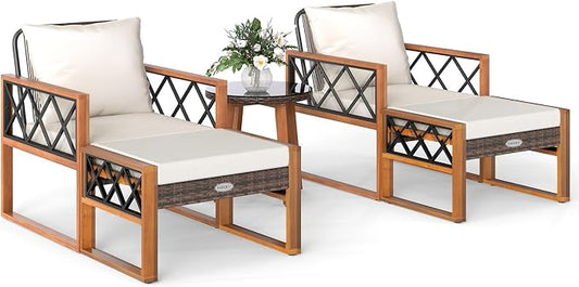 Tangkula 5 Pieces Patio Furniture Conversation Set, Outdoor Rattan Acacia Wood Cushioned Chairs with Ottomans, 2-Tier Side Table, for Porch, Balcony and Garden