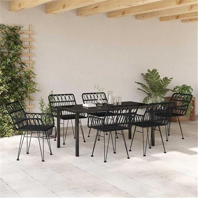 Afuera Living 7 Piece Rectangular Poly Rattan Garden Dining Set, Black Powder-Coated Finish, UV-Resistant, Sturdy Steel Frame, Modern Outdoor Patio Furniture, Seating for 6, Weather-Resistant