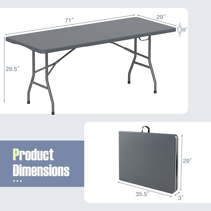 Goplus Folding Table, HDPE Portable Table with 6 ft Long Tabletop, Metal Frame Picnic Camping Table with Safe Lock, Collapsible Dining Table for Camping, Picnic, Party (Gray, 6 FT)