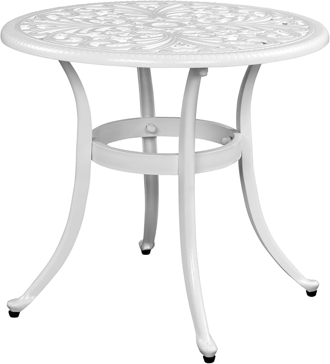 Outdoor Round Side Table with Classical Floral Design, 23.6” Aluminum Round Patio Table for Indoor & Outdoor Use, (White)