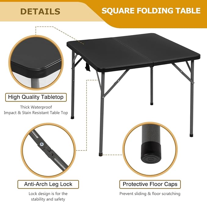 34" Folding Card Table, Heavy Duty Plastic Square Table - Portable Fold-in-Half w/Handle & Lock for Camping, BBQ, Party, Events, Black