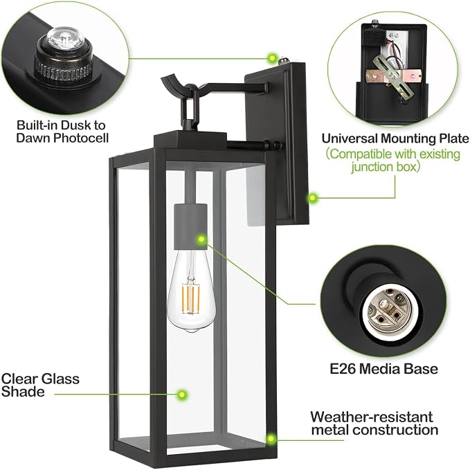 hykolity 18 Inch Dusk to Dawn Black Waterproof Outdoor Wall Light for Patio | Large Size Exterior Lantern with Glass Shade, Anti-Rust Outdoor Light Fixture Wall Mount for House, Patio, Garage, Backyard