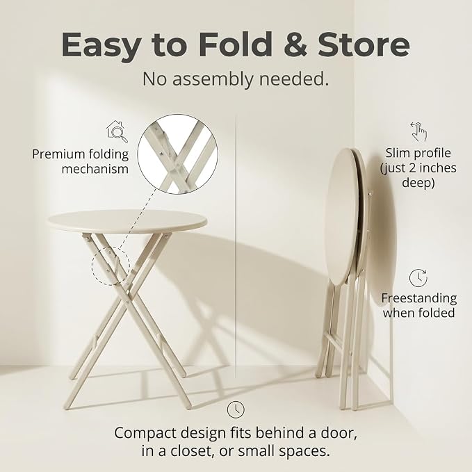 Round Foldable Table,Outdoor Patio Table with Stainless Steel Frame for Balcony, Garden, Patio and Indoor Use (Off-White)