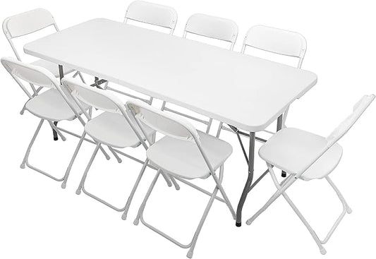 VINGLI 6 FT Plastic Folding Table Set with 8 White Folding Chairs for Picnic, Event, Training, Outdoor Activities, at Home and Commercial Use