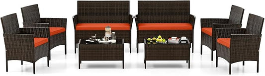 4 Piece Patio Furniture Set, Sectional Conversation Sofa Set with Glass Coffee Table, Cushions & Loveseat, Wicker Outdoor Table and Chairs for Pool, Garden, Deck, Backyard (2, Orange)