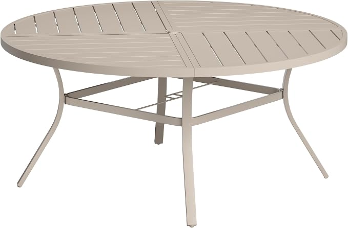 VICLLAX Round Patio Table with Adjustable Umbrella Hole for 8, All Weather Metal Outdoor Dining Table for Lawn Garden, 59.8" Outdoor Coffee Table, Cream Color Frame