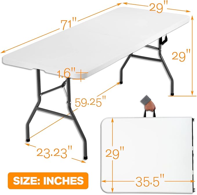 HCY 6 ft Folding Portable Table - White, Modern Design - Picnic, BBQ, Dining, Camping, Wedding - 500 lbs Capacity - Easy to Clean, Indoor/Outdoor Use