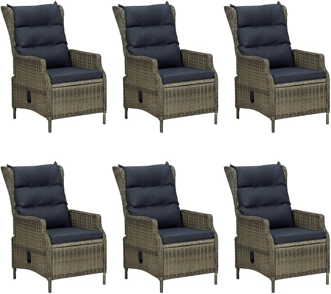7 Piece Outdoor Patio Dining Set with Cushions, Brown Poly Rattan Wicker Furniture with 6 Reclining Chairs and Glass Table, Adjustable Backrest Garden Porch Balcony Conversation Set for Backyard