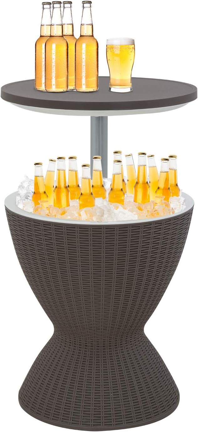 FDW Cool Bar Cooler Table Outdoor Patio Furniture and Hot Tub Side Table 3in1 All-Weather Cool Wicker Bar Table + Ice Bucket + Cocktail Coffee Table with 8 Gallon Beer and Wine Cooler, Grey