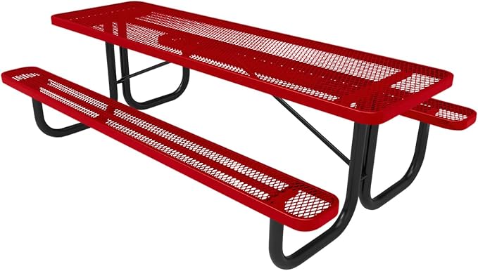 COATEDOUTDOORFURNITURE Heavy-Duty Portable Outdoor Picnic Table, Thermoplastic Coated Expanded Metal Commercial-Grade Patio Dining Furniture Made in America (8ft Rectangular, Textured Red)
