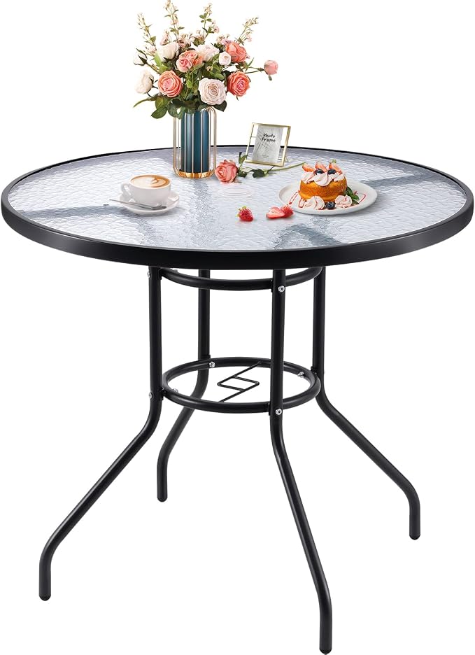 JINLLY 32 Inch Patio Table with Umbrella Hole, Round Glass Patio Table, Outdoor Bistro Dining Tables with Tempered Glass Tabletop and Metal Frame for Outside, Garden, Balcony