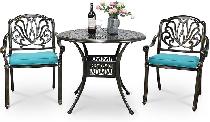 VIVIJASON 3-Piece Patio Bistro Sets, All-Weather Cast Aluminum Bistro Table Set Outdoor Patio Furniture, Include 2 Cushioned Chairs and 35.4" Round Table, 2" Umbrella Hole, Ocean Blue Cushion