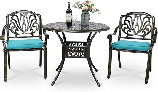 VIVIJASON 3-Piece Patio Bistro Sets, All-Weather Cast Aluminum Bistro Table Set Outdoor Patio Furniture, Include 2 Cushioned Chairs and 35.4" Round Table, 2" Umbrella Hole, Ocean Blue Cushion