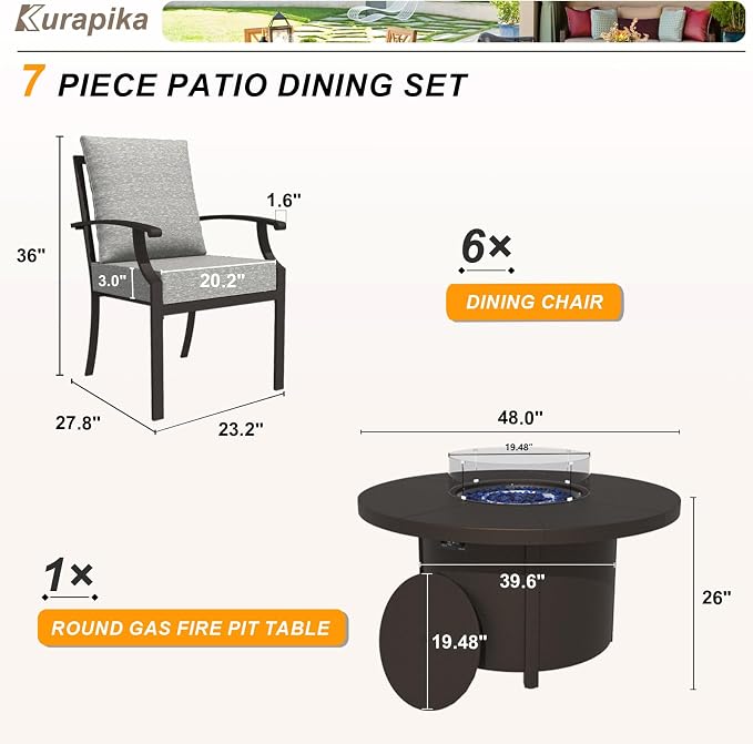 Kurapika 7 Piece Metal Outdoor Patio Furniture Set with 48" Round Fire Pit Table, Patio Conversation Sets 6 Fixed Chairs with Thick Cushion, Gray