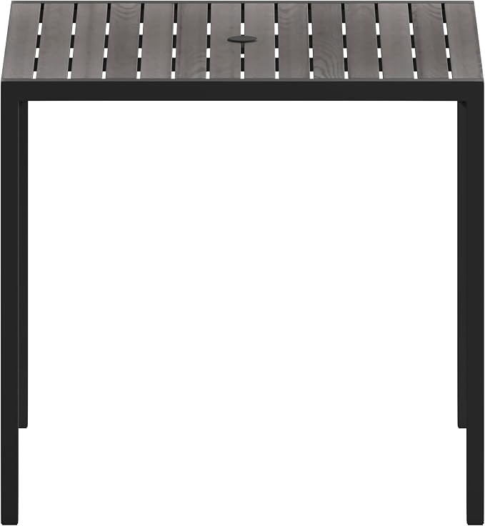 Flash Furniture Outdoor Steel Dining Table - Gray Wash Faux Teak Poly Slatted Top - Commercial Grade Dining Table with Black Frame - 35" Square - Umbrella Holder Hole