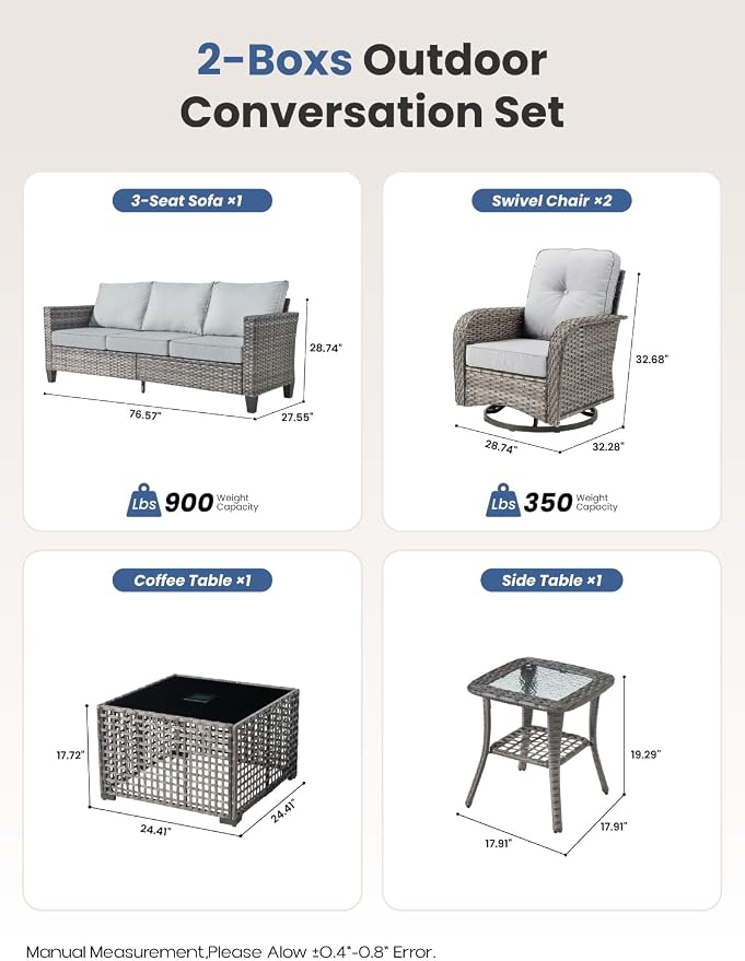 5-Piece Outdoor Patio Furniture Set with Swivel Chairs, Outdoor Conversation Wicker Sofa with Coffee Table, Rattan Couch for Deck, Backyard, Poolside (Light Grey)