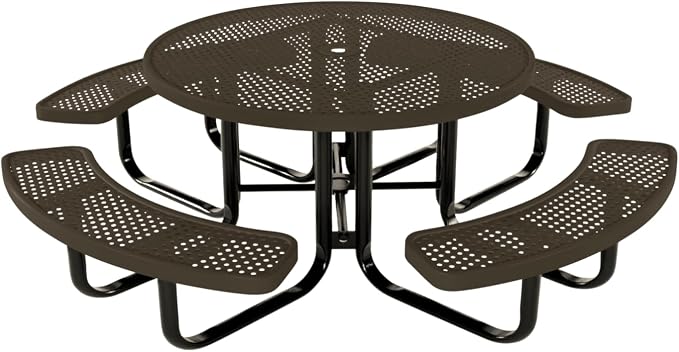 COATEDOUTDOORFURNITURE Heavy-Duty Portable Outdoor Kids Table with Umbrella Hole, Punched Steel Kids Picnic Table, Commercial-Grade, Made in America (46 in, Round, Childrens, Textured Brown)