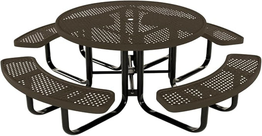 COATEDOUTDOORFURNITURE Heavy-Duty Portable Outdoor Kids Table with Umbrella Hole, Punched Steel Kids Picnic Table, Commercial-Grade, Made in America (46 in, Round, Childrens, Textured Brown)