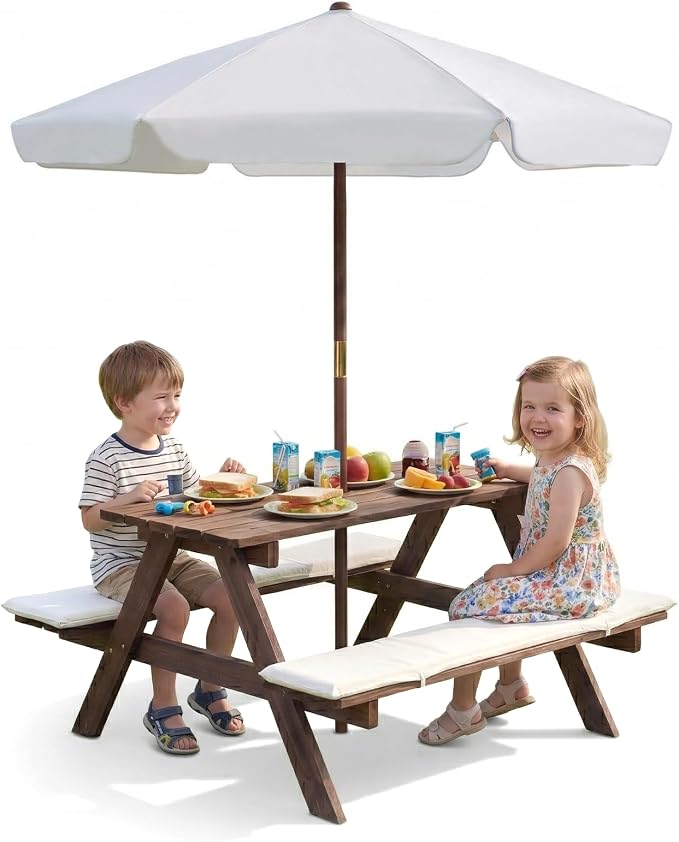 Olakids Kids Picnic Table, Outdoor Wooden Bench Set with Cushions Adjustable Foldable Umbrella for Patio Garden Backyard