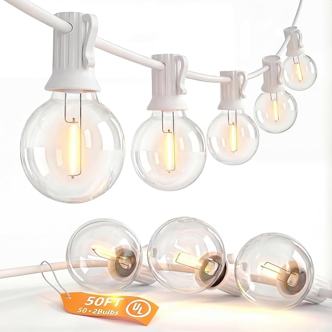 SUNSGNE White String Lights Outdoor, 50FT White Outdoor Lights with 52 G40 Shatterproof LED Bulbs(2 Spare) for Patio Garden Porch Pergola Bistro Outside Decorations, E12 Socket