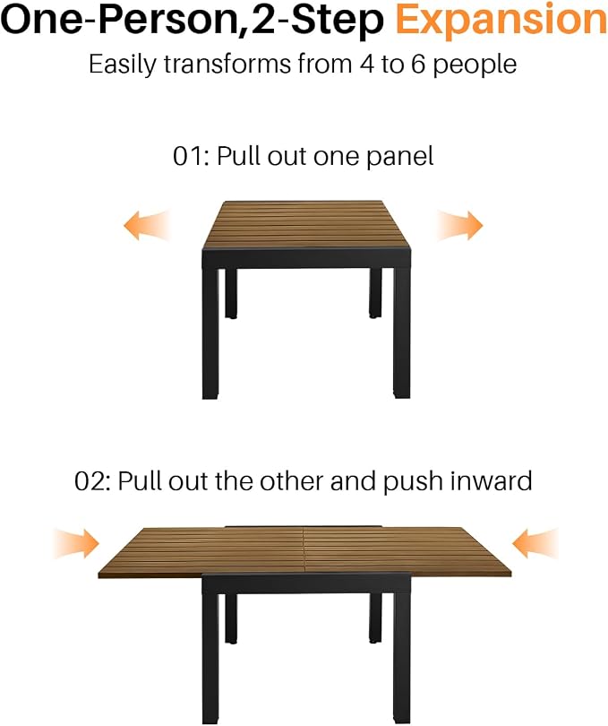 Expandable Patio Dining Table, Never-Rust Aluminum Extendable Outdoor Dining Table for 4-6 Person, 32"-65" Adjustable Indoor Outdoor Expandable Patio Table for Garden, Porch, Deck, Teak