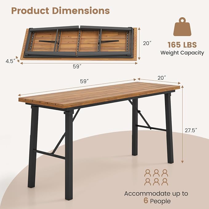 HAPPYGRILL Folding Picnic Table Acacia Wood Dining Table with Metal Frame, Portable Camping BBQ Table, Rectangular Dining Table for Indoor Outdoor Activities Garden Yard Patio