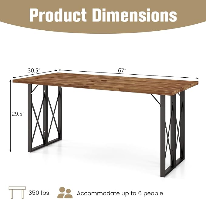 Tangkula 67 Inch Outdoor Dining Table, Acacia Wood Patio Table with 2 Inch Umbrella Hole, Heavy-Duty Metal Frame, Indoor Outdoor Picnic Table for 6