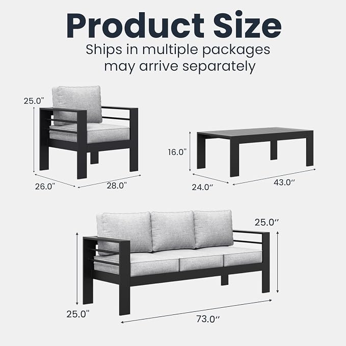 4 Pieces Modern Aluminum Patio Furniture Set, Outdoor Conversation Sets Metal Sectional Sofa with Coffee Table