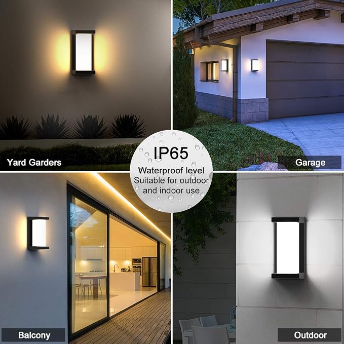 Modern Outdoor Wall Lights,24W-LED Exterior Wall Sconce Light Fixtures,3-Color-Changeable Wall Mounted Lamps,Matte Black Porch&Patio Light,IP65 Waterproof for Hallway Stairs Gardens