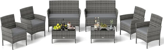 Tangkula 8 Piece Patio Rattan Conversation Set, Outdoor Wicker Furniture Set with Chair, Loveseat & Tempered Glass Table, Cozy Seat Cushions, Outside Sectional Sofa Set for Backyard