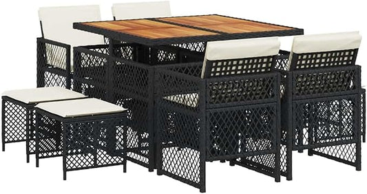 9 Piece Outdoor Dining Set with Rectangular Solid Acacia Wood Table, Black PE Rattan High-Back Chairs and Stools, Removable Cushions for Patio Garden