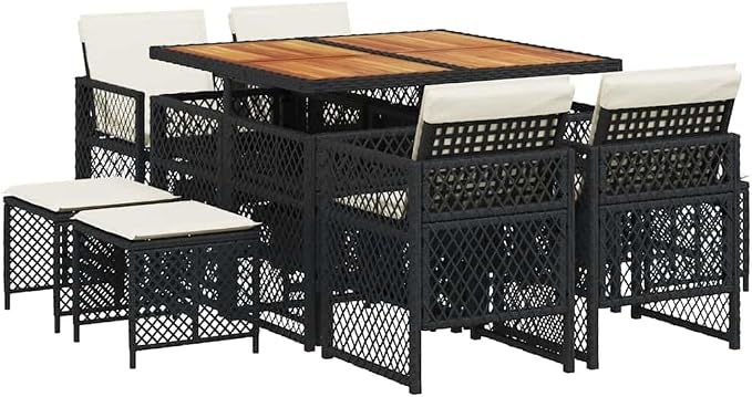 9 Piece Garden Dining Set, Outdoor PE Rattan Sectional Furniture with Acacia Wood Top Rectangular Table, 4 High-Back Chairs and 4 Stools, Space-Saving Backyard Patio Set with Cushions, Black