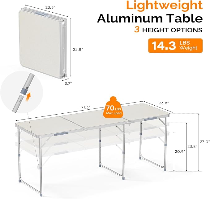 VINGLI 6ft Folding Camping Table with Carry Handle,Portable Utility Table Multipurpose for Party Picnic Tailgating Outdoor Patio Garden Indoor Kitchen …