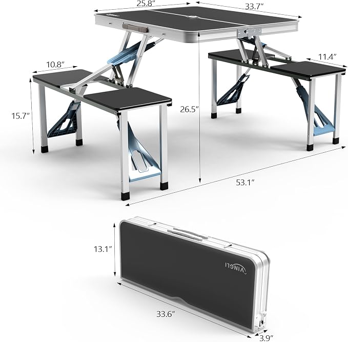 VINGLI 4Ft Portable Folding Picnic Table Camping Table Foldable Set with 4 Seats with Umbrella Hole Suitcase Card Table-220 Lbs Support Aluminum Frame, Plastic RV Tabletop for Yard, Travel-Blue