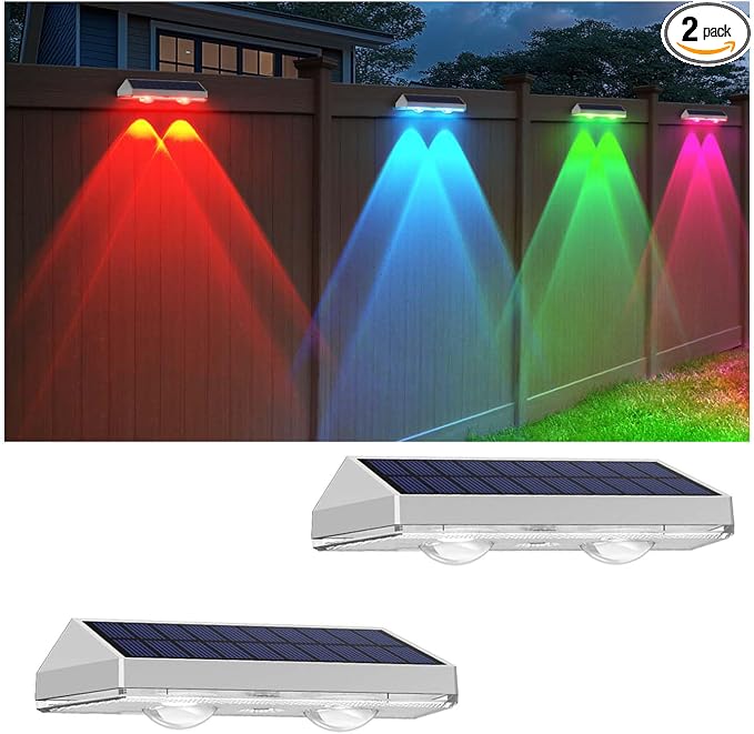 LIANGLOME 2 Pack Solar Fence Lights Outdoor, 2PK Solar Outdoor Light Warm White & RGB Solar Powered Lights for Outside Backyard, Patio, Deck Fence, Stair Handrail, Pool and Wall