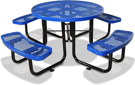 46" Round Commercial Picnic Table for 4-8 Person, Heavy Duty Metal Outdoor Picnic Table with Umbrella Hole for Coffee Shop, School, Hospital, Easy to Install, Blue