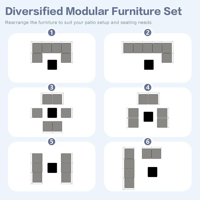 7-Piece Outdoor Rattan Sectional Sofa Set, Wicker Patio Furniture with Coffee Table, Grey Cushions, Patio Conversation Set for Your Villa, Balcony, Porch, Backyard