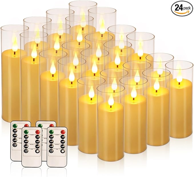 YOROXRG Flickering Flameless Candles Battery Operated with Remote,Led Pillar Candles with Realistic Moving Wick Candles for Halloween,Christmas,Home Decor Pack of 24 (D2.2 xH 5" 6" 7")(Ivory)