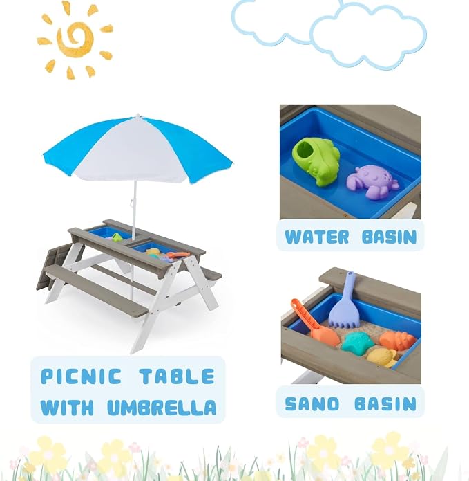 Kids Outdoor Picnic Table with Sand and Water Play, Wooden Activity Table with Umbrella for Backyard Patio Fun
