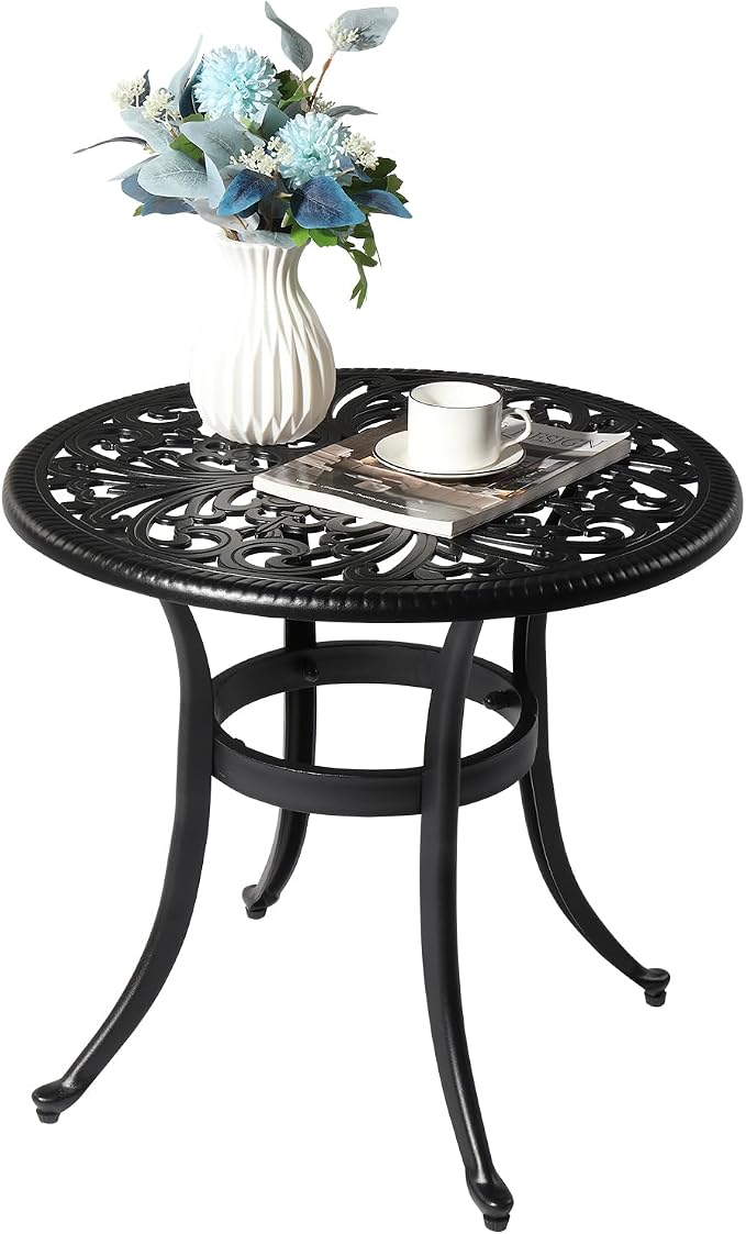 23.6" Cast Aluminum Outdoor Dining Side Table,Round Patio Dining Table,All-Weather Outdoor Dining Table,with Umbrella Hole,for Garden Pool Deck Lawn Backyard (Black)