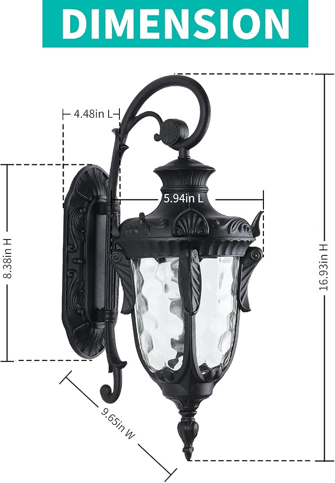 16.93” Outdoor Wall Light Fixture Black Exterior Wall Lantern | Outside Waterproof Sconce Rustic Porch Lights Wall Mount with Hammered Glass Shade for House