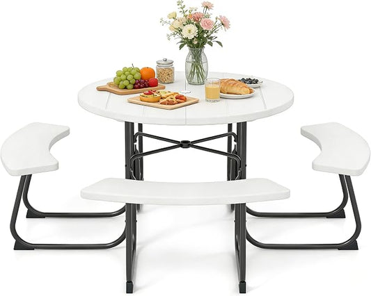 COSTWAY Round Picnic Table with Umbrella Hole, Outdoor Picnic Table with Bench Set for 4-8 People, HDPE Tabletop, Patio Dining Furniture Set for Family Gatherings, BBQ Party, Backyard (White)