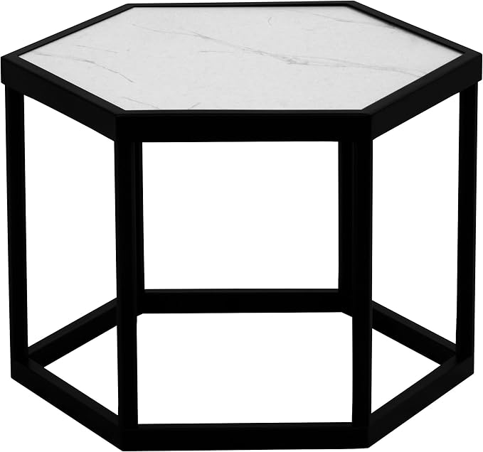 Honeycomb Indoor/Outdoor Omni Table: Weather, Rust, Heat, and Stain Resistant, Flexible Design to Stand Alone or be Combined, Stylish Yet Sturdy, White Tile Top, Steel Frame with Ebony Finish