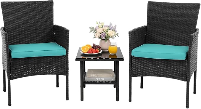 NChanmar 3 Pieces Patio Furniture Outdoor Bistro Set Outdoor&Indoor Conversation Set Coffee Table Chairs Set for 2 with Water-Resistant Cushions for Lawn Yard Garden Porch Balcony and Pool,Blue